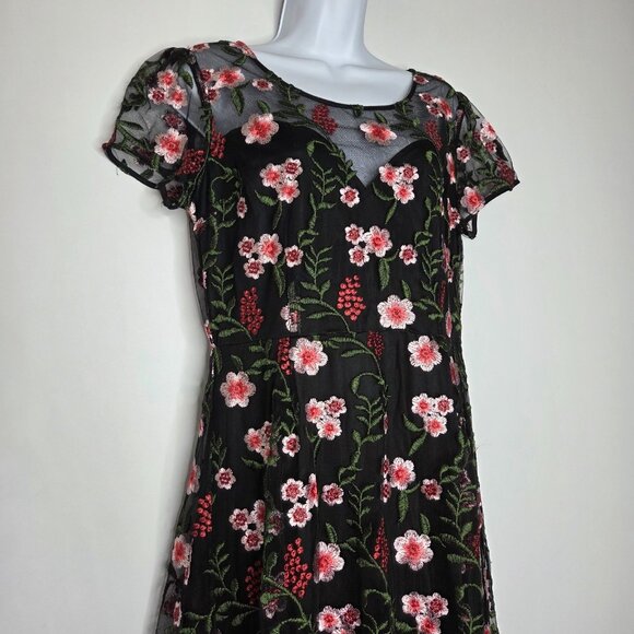 Modcloth Womens Black Mesh Floral Embroidered Dress Size L Feminine Fairy Whimsy - Picture 2 of 12
